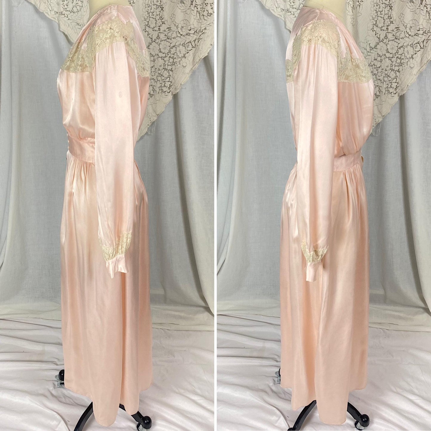 Vintage 1940's Dressing Gown Robe | Pale Petal Pink Rayon Satin with Floral Cotton Lace | Size S