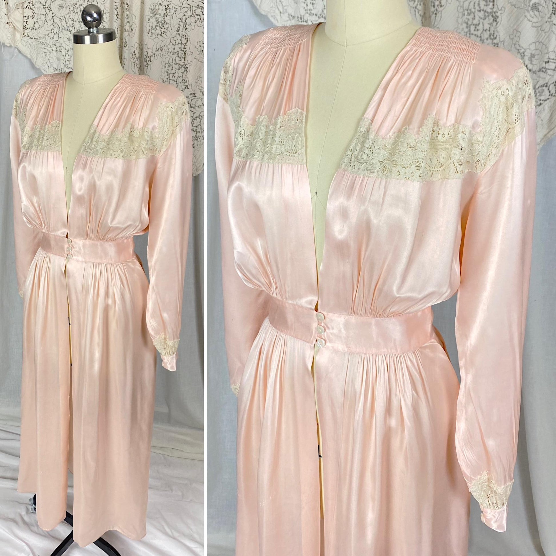 Vintage 1940's Dressing Gown Robe | Pale Petal Pink Rayon Satin with Floral Cotton Lace | Size S