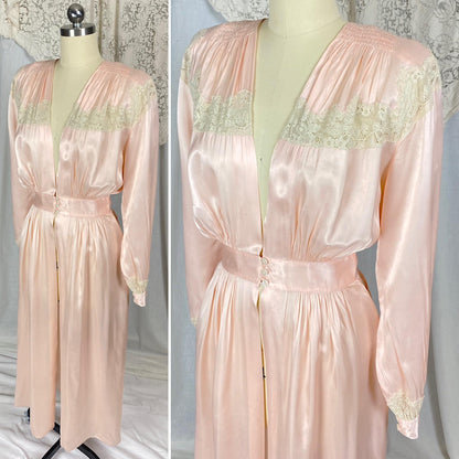 Vintage 1940's Dressing Gown Robe | Pale Petal Pink Rayon Satin with Floral Cotton Lace | Size S