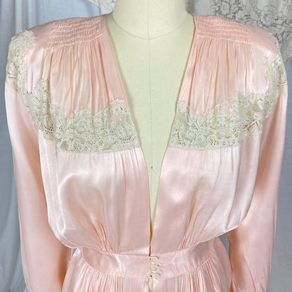 Vintage 1940's Dressing Gown Robe | Pale Petal Pink Rayon Satin with Floral Cotton Lace | Size S