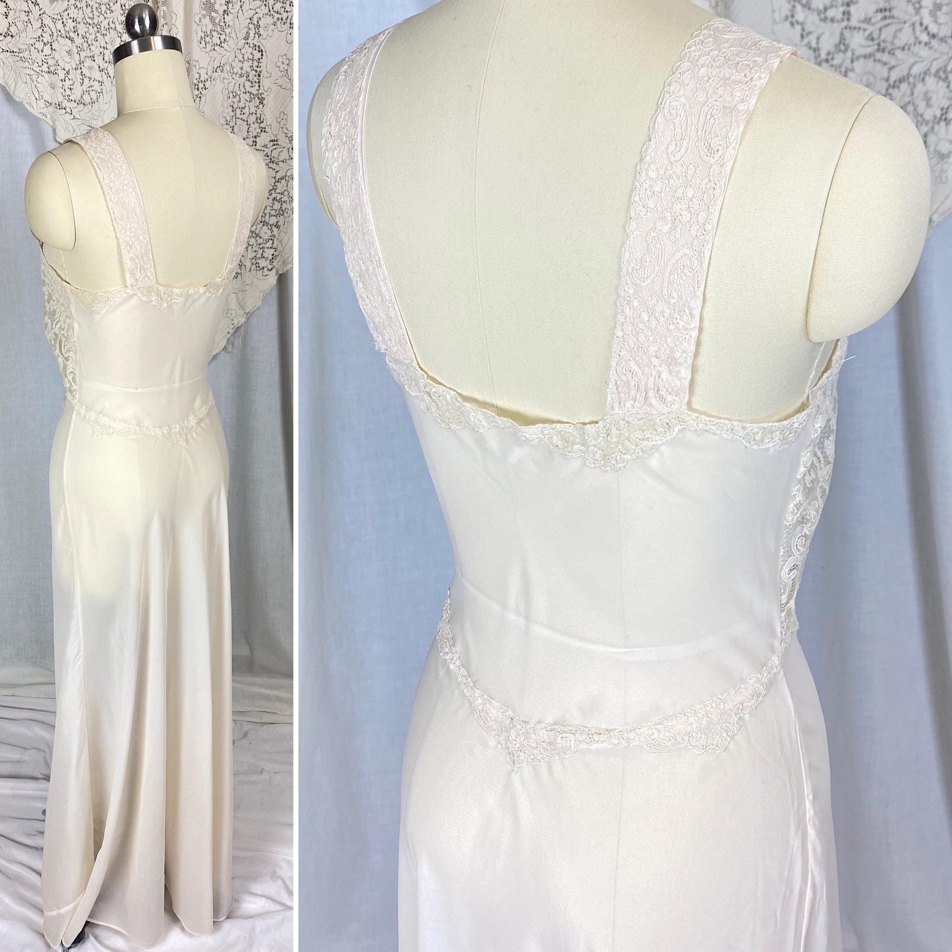 Vintage 1950's - 1960's Nightgown | Sheer Buttercream Nylon Crepe with Intricate Alencon Lace & Pink Silk Appliques | Size XS