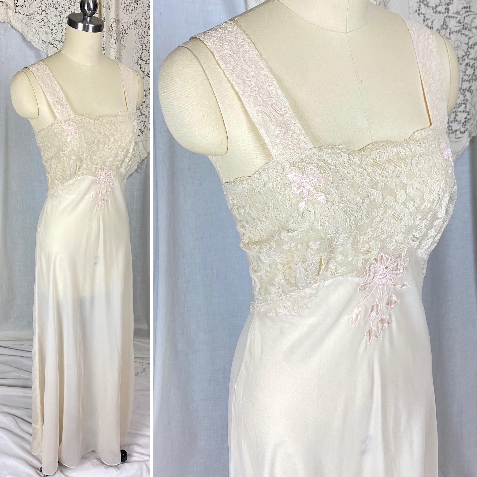 Vintage 1950's - 1960's Nightgown | Sheer Buttercream Nylon Crepe with Intricate Alencon Lace & Pink Silk Appliques | Size XS