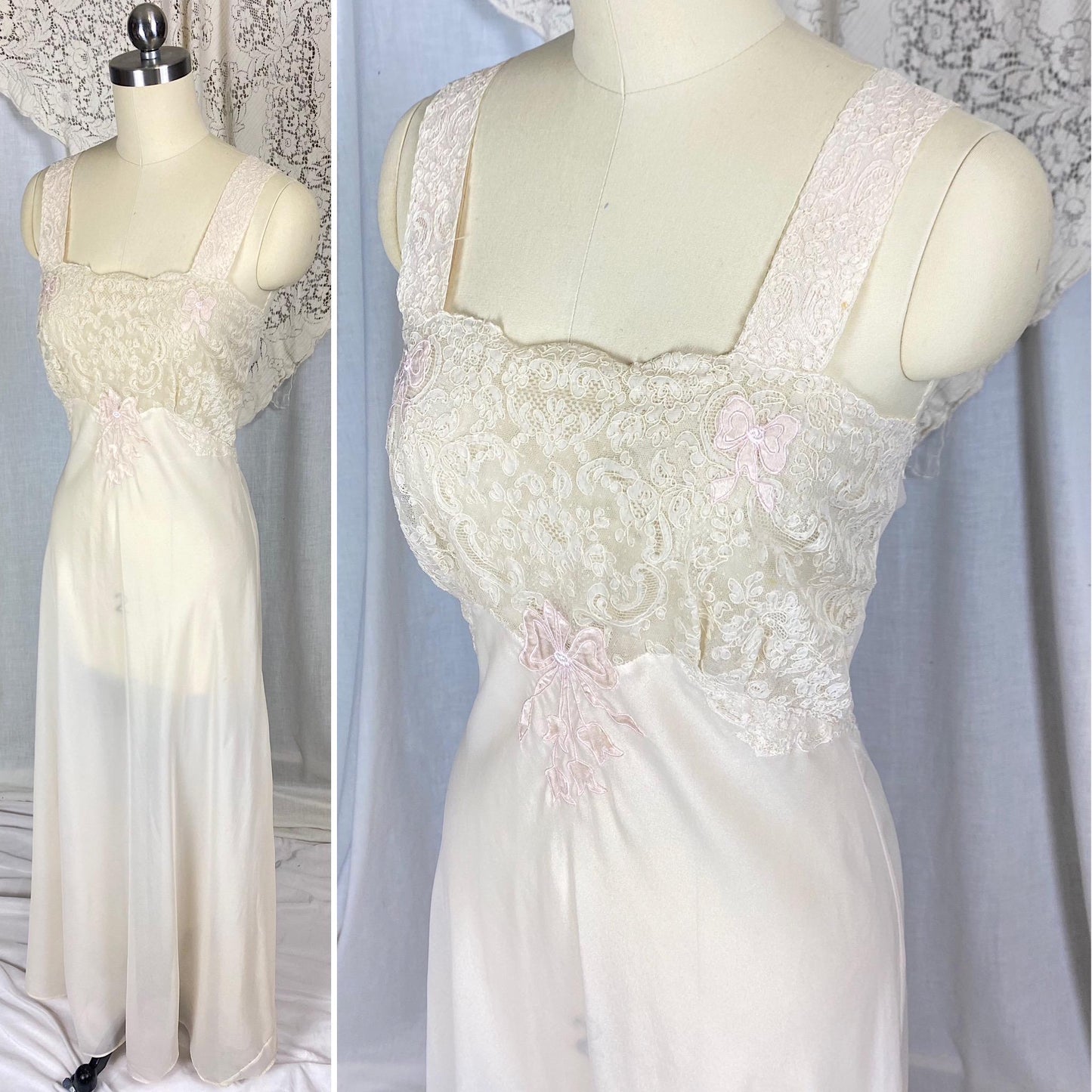 Vintage 1950's - 1960's Nightgown | Sheer Buttercream Nylon Crepe with Intricate Alencon Lace & Pink Silk Appliques | Size XS