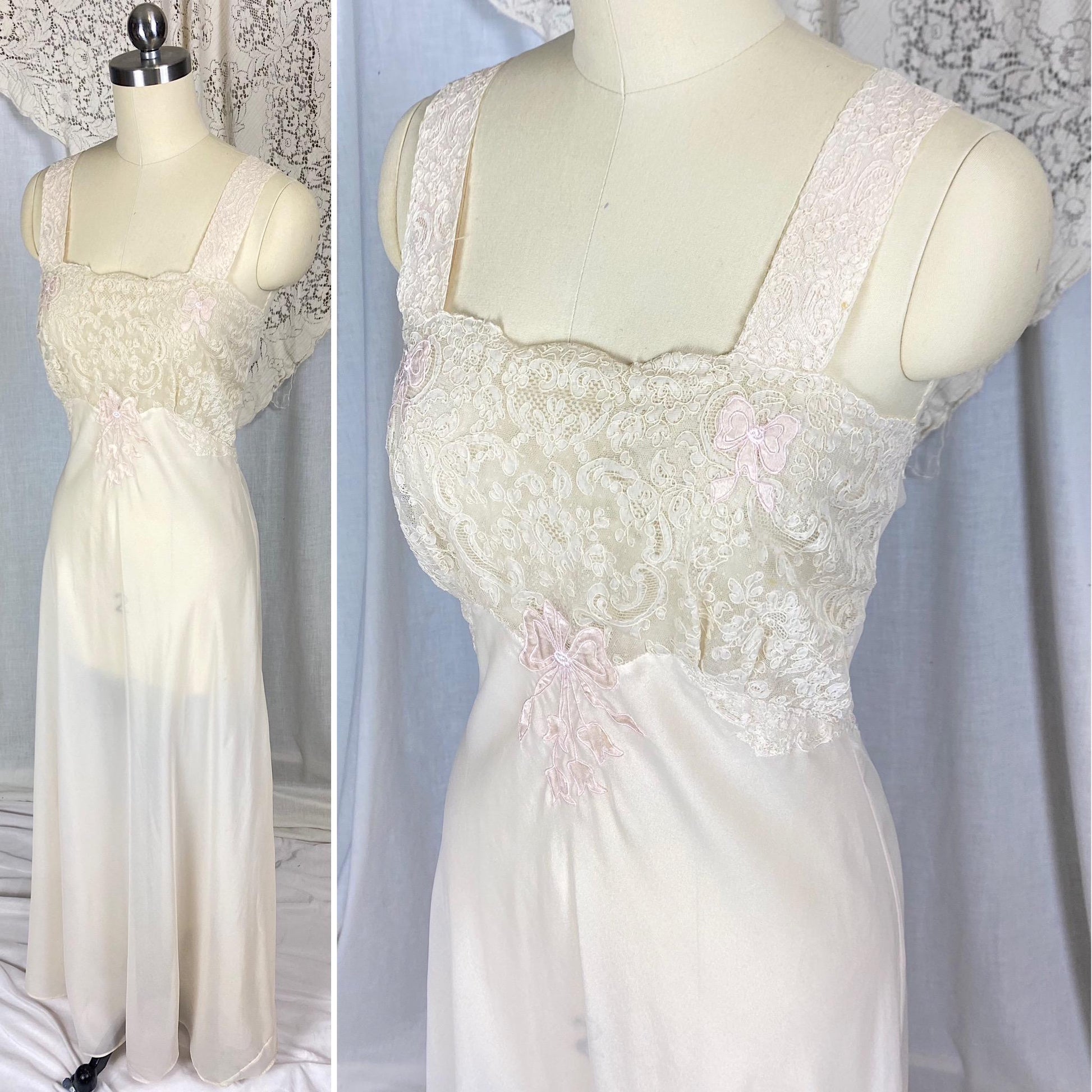 Vintage 1950's - 1960's Nightgown | Sheer Buttercream Nylon Crepe with Intricate Alencon Lace & Pink Silk Appliques | Size XS