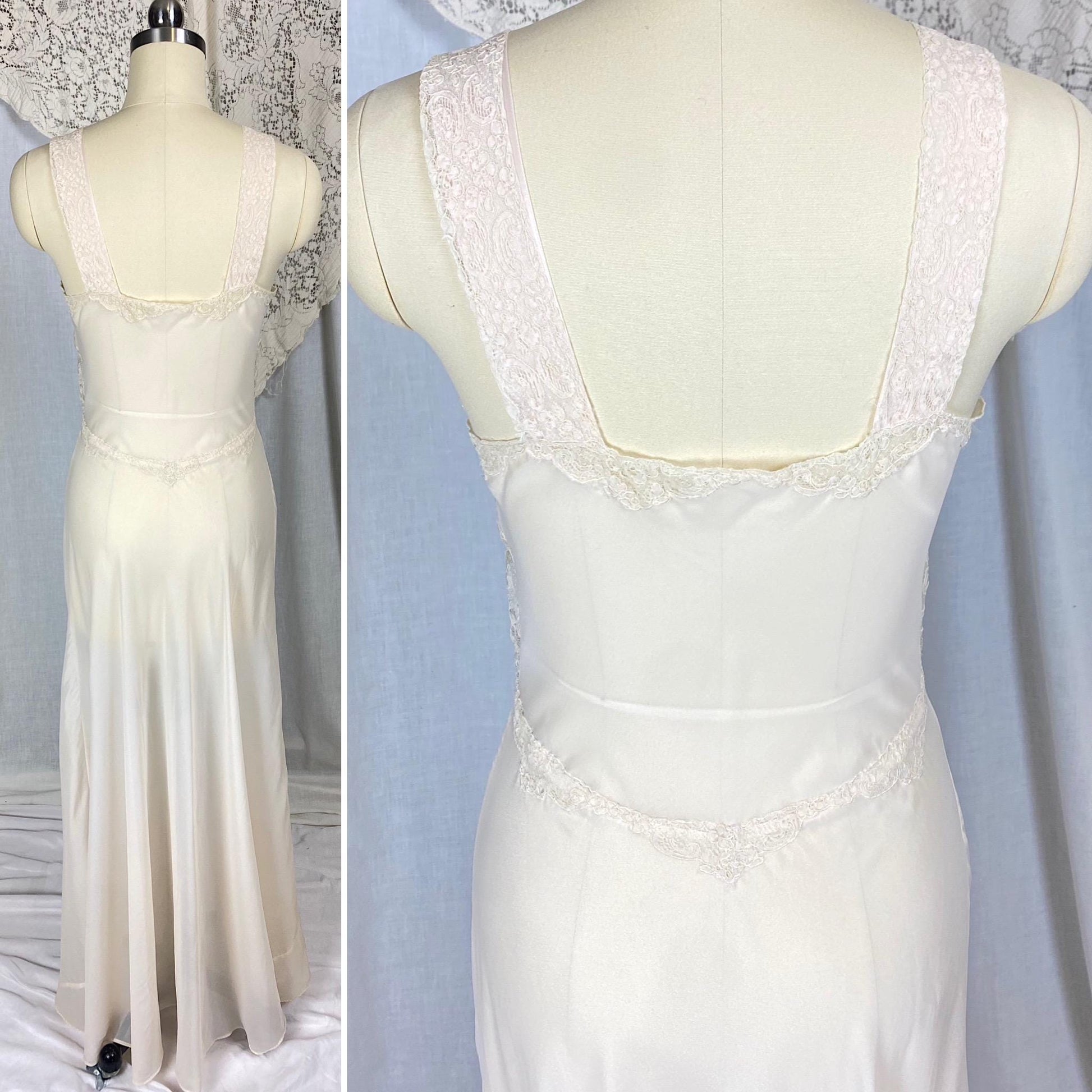 Vintage 1950's - 1960's Nightgown | Sheer Buttercream Nylon Crepe with Intricate Alencon Lace & Pink Silk Appliques | Size XS