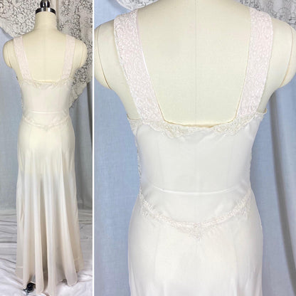 Vintage 1950's - 1960's Nightgown | Sheer Buttercream Nylon Crepe with Intricate Alencon Lace & Pink Silk Appliques | Size XS