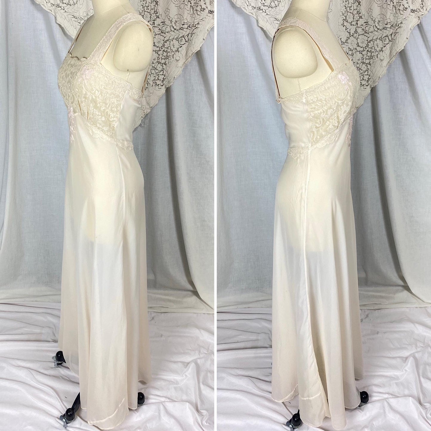 Vintage 1950's - 1960's Nightgown | Sheer Buttercream Nylon Crepe with Intricate Alencon Lace & Pink Silk Appliques | Size XS