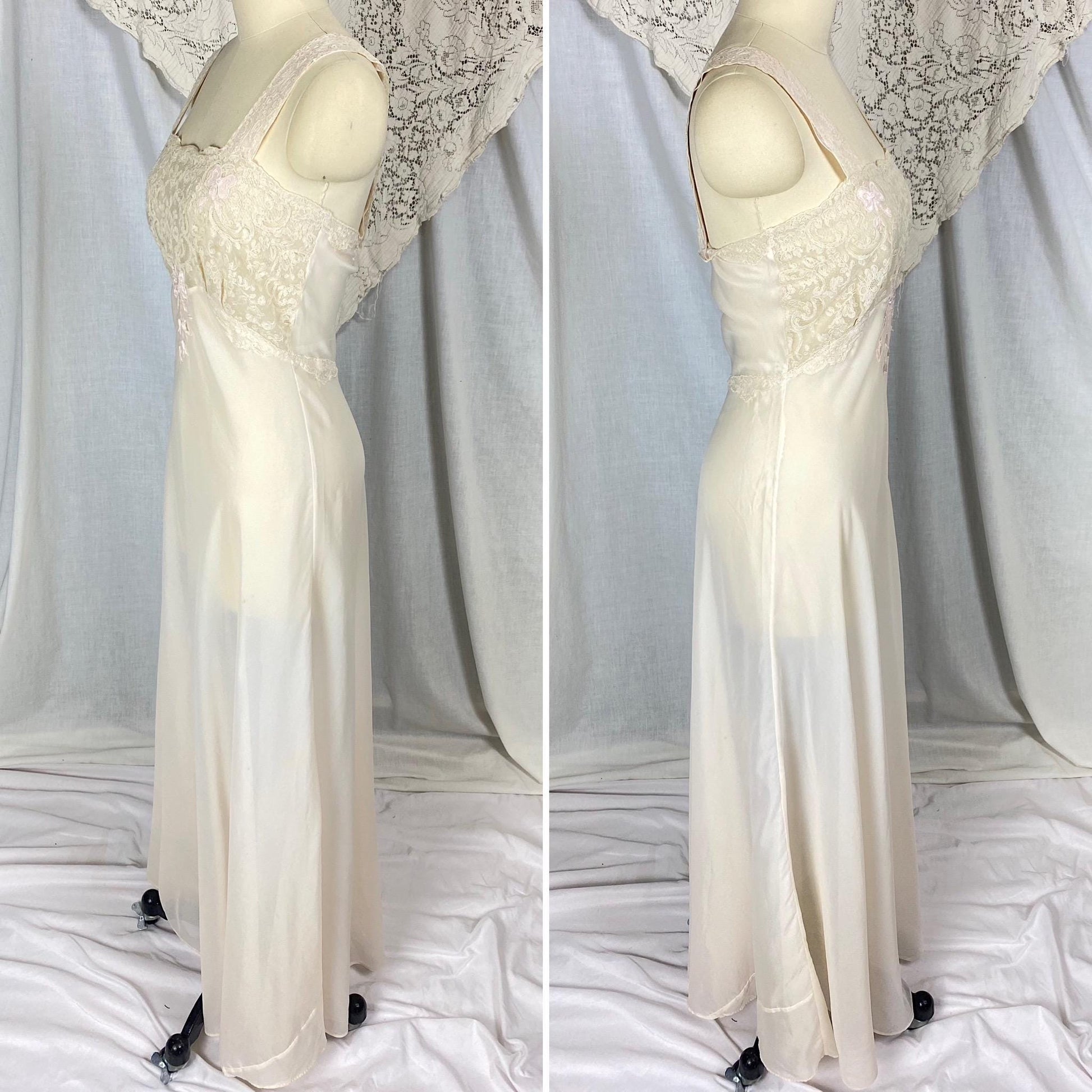 Vintage 1950's - 1960's Nightgown | Sheer Buttercream Nylon Crepe with Intricate Alencon Lace & Pink Silk Appliques | Size XS