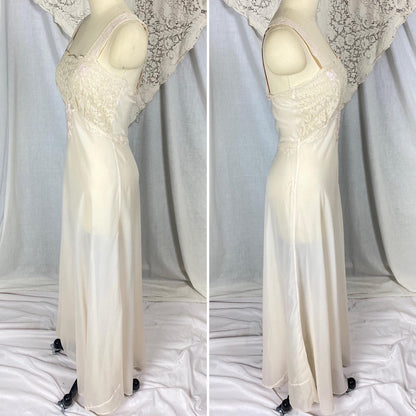 Vintage 1950's - 1960's Nightgown | Sheer Buttercream Nylon Crepe with Intricate Alencon Lace & Pink Silk Appliques | Size XS