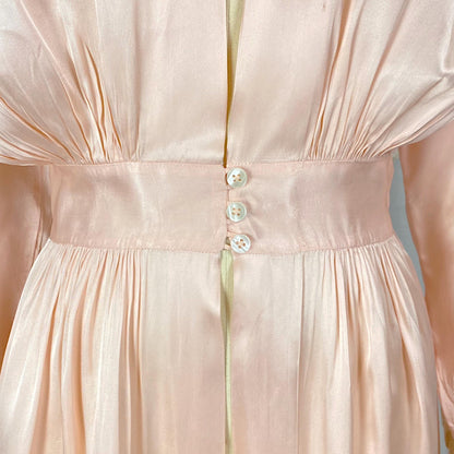 Vintage 1940's Dressing Gown Robe | Pale Petal Pink Rayon Satin with Floral Cotton Lace | Size S