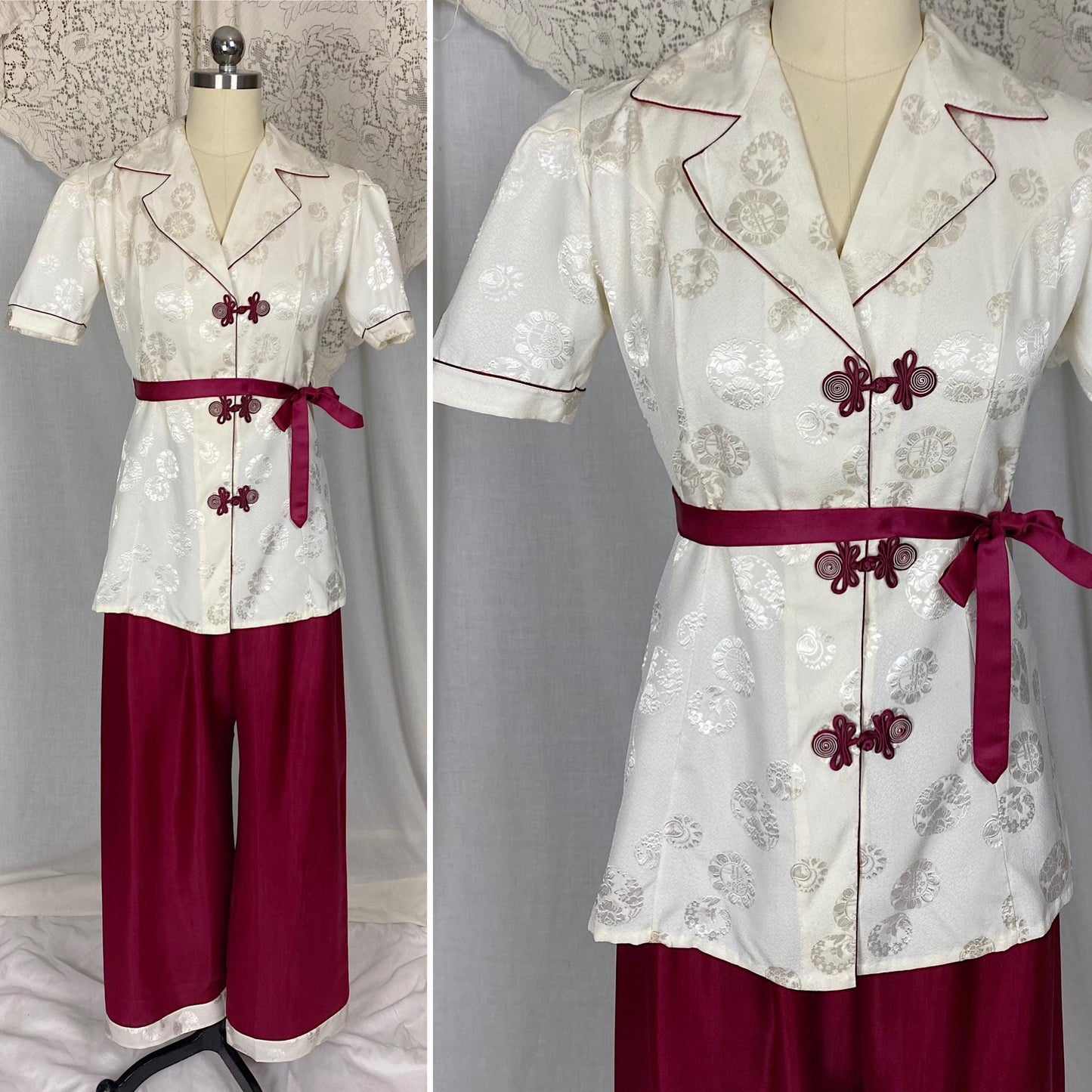 Vintage 1940's - 1950's Lounge Set | Cream Satin Damask & Magenta Pink Silk with Frog Buttons | Size S, M | Unworn with Tag