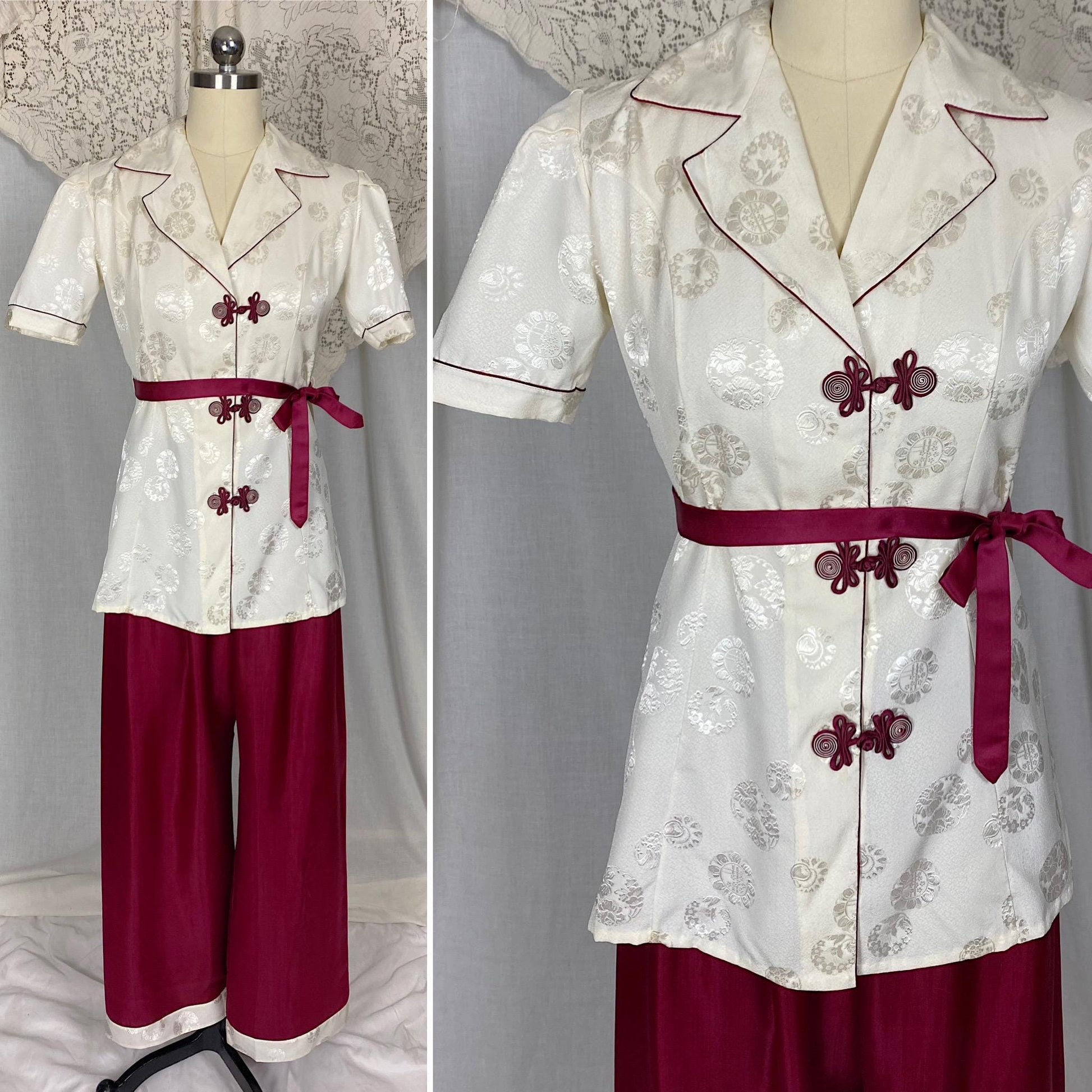 Vintage 1940's - 1950's Lounge Set | Cream Satin Damask & Magenta Pink Silk with Frog Buttons | Size S, M | Unworn with Tag