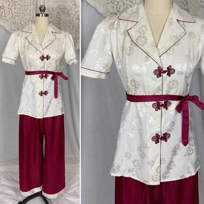 Vintage 1940's - 1950's Lounge Set | Cream Satin Damask & Magenta Pink Silk with Frog Buttons | Size S, M | Unworn with Tag