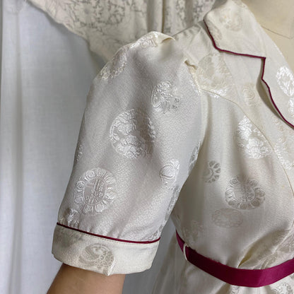 Vintage 1940's - 1950's Lounge Set | Cream Satin Damask & Magenta Pink Silk with Frog Buttons | Size S, M | Unworn with Tag