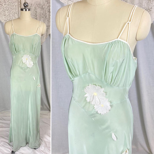 Vintage 1940's - 1950's Nightgown | Sage Green Rayon with White Chiffon Daisy Flower Appliqués | Size S, M | Artemis