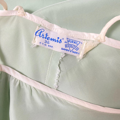 Vintage 1940's - 1950's Nightgown | Sage Green Rayon with White Chiffon Daisy Flower Appliqués | Size S, M | Artemis