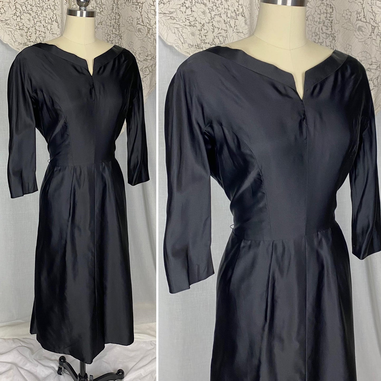 Vintage 1950's - 1960's Dress | Inky Black Silk with Ruched Bustle Detail | Size LG | Fira Benenson for Lord & Taylor