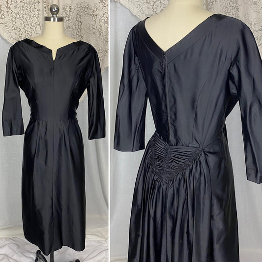 Vintage 1950's - 1960's Dress | Inky Black Silk with Ruched Bustle Detail | Size LG | Fira Benenson for Lord & Taylor