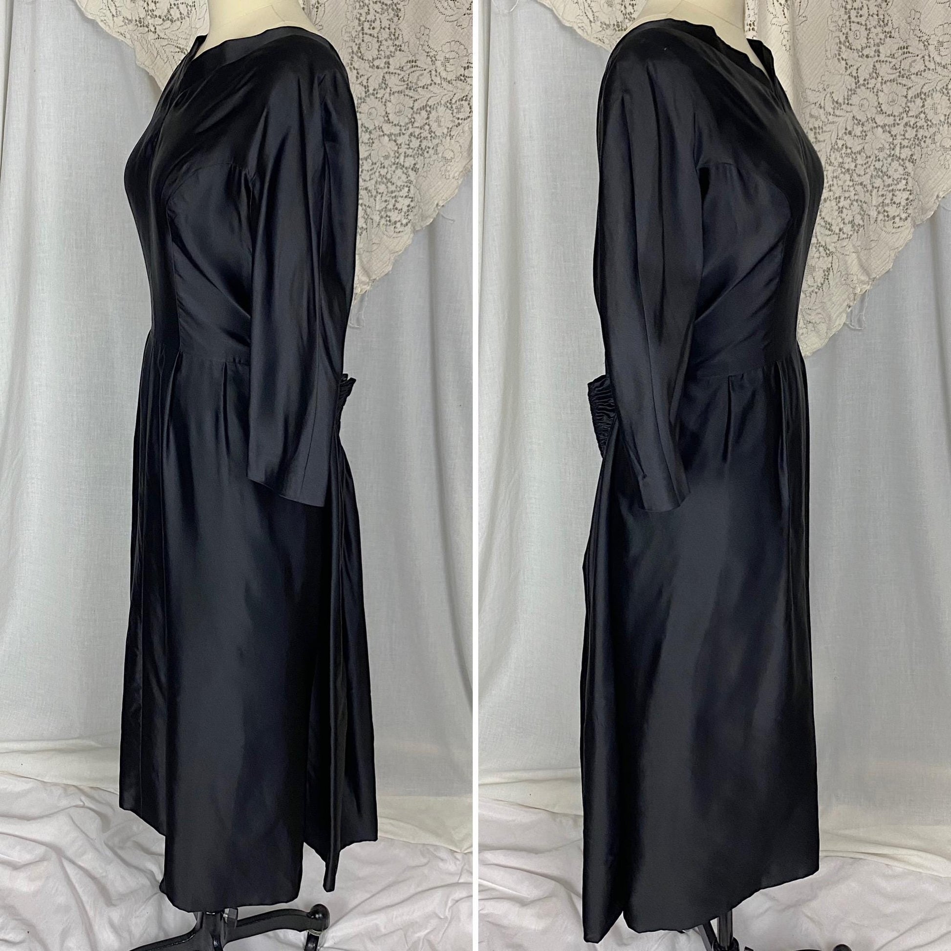 Vintage 1950's - 1960's Dress | Inky Black Silk with Ruched Bustle Detail | Size LG | Fira Benenson for Lord & Taylor
