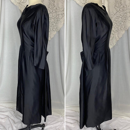 Vintage 1950's - 1960's Dress | Inky Black Silk with Ruched Bustle Detail | Size LG | Fira Benenson for Lord & Taylor