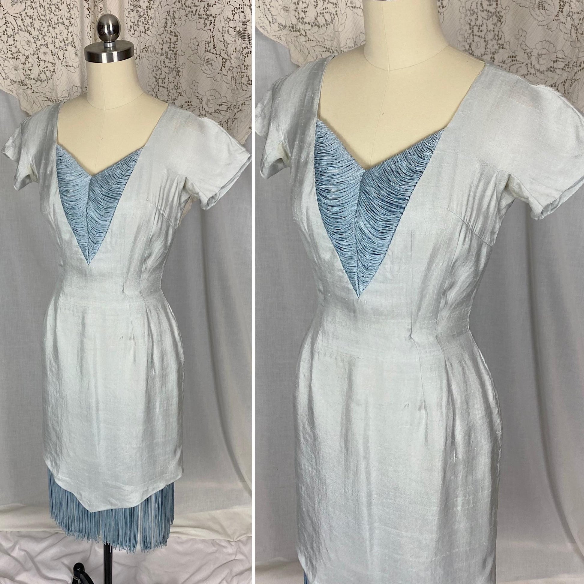 Vintage 1940s - 1950's Dress | Icy Pale Blue Shantung Silk with Fringe | Size XS | Seymour Jacobson
