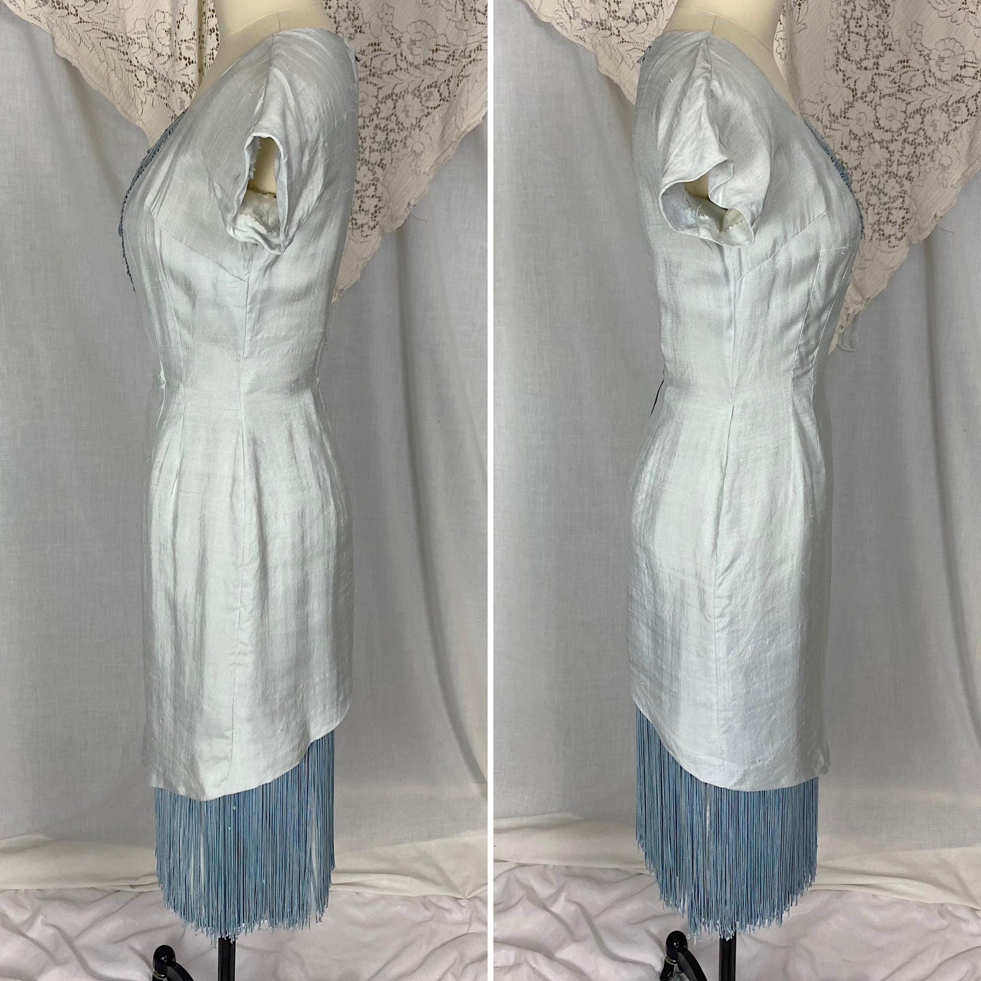 Vintage 1940s - 1950's Dress | Icy Pale Blue Shantung Silk with Fringe | Size XS | Seymour Jacobson