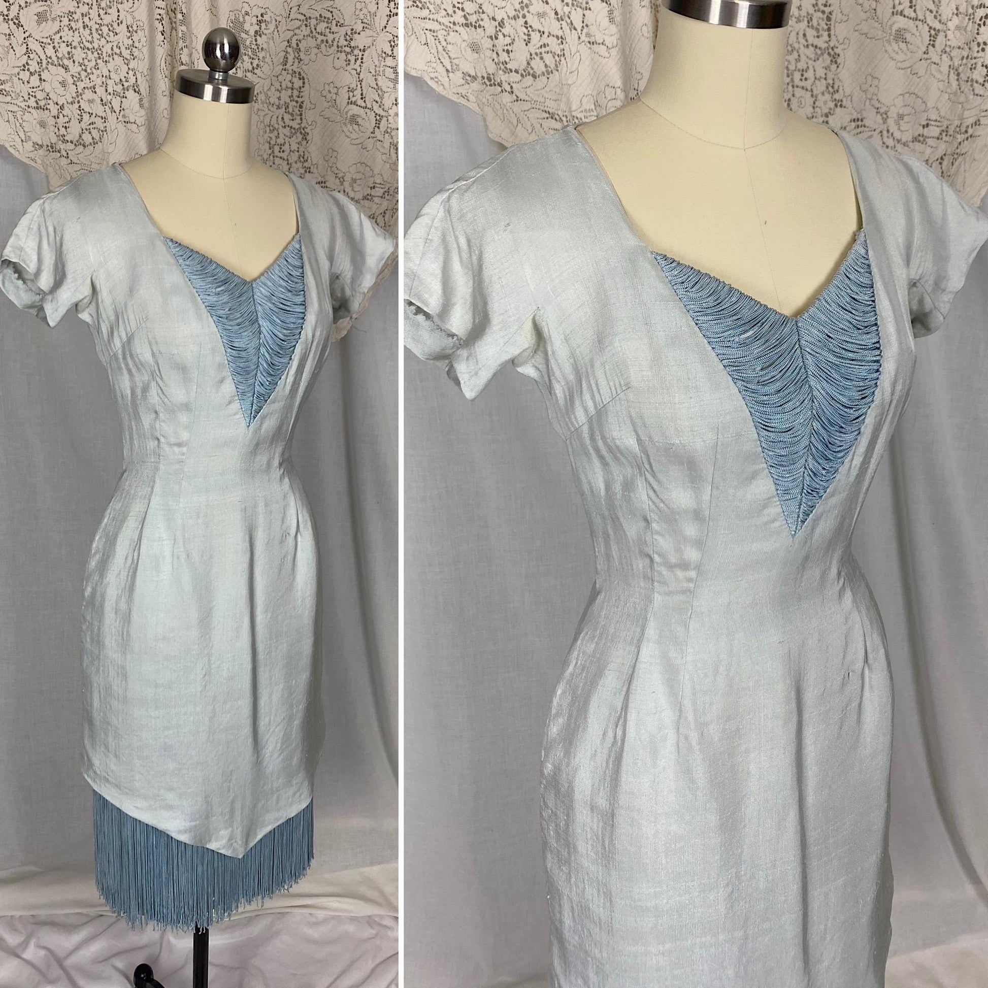 Vintage 1940s - 1950's Dress | Icy Pale Blue Shantung Silk with Fringe | Size XS | Seymour Jacobson