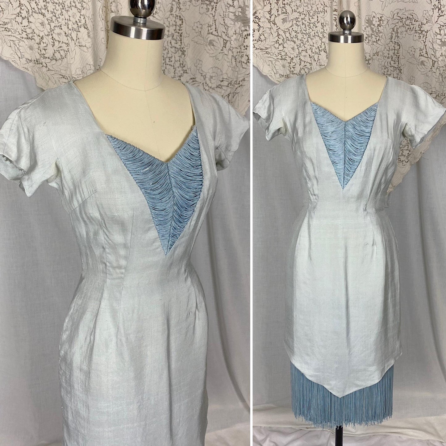 Vintage 1940s - 1950's Dress | Icy Pale Blue Shantung Silk with Fringe | Size XS | Seymour Jacobson