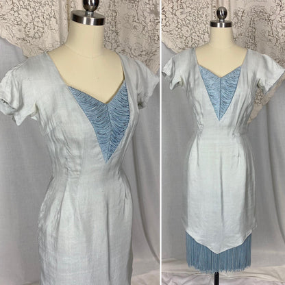 Vintage 1940s - 1950's Dress | Icy Pale Blue Shantung Silk with Fringe | Size XS | Seymour Jacobson