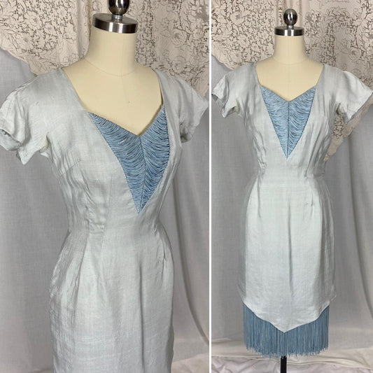Vintage 1940s - 1950's Dress | Icy Pale Blue Shantung Silk with Fringe | Size XS | Seymour Jacobson