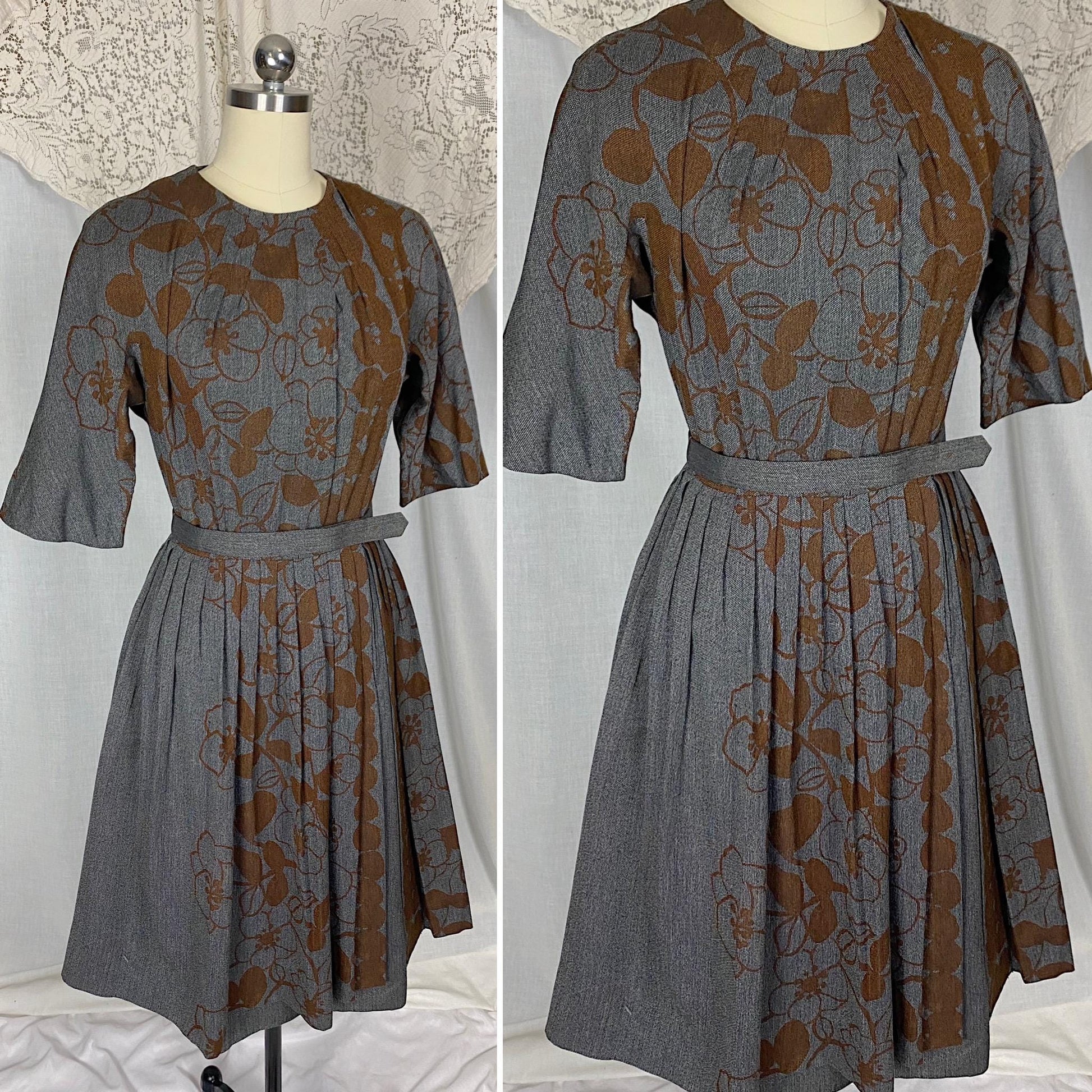 Vintage 1950's Dress | Blue Tweed with Chocolate Brown Floral Print | Size S, M | Dede Johnson California
