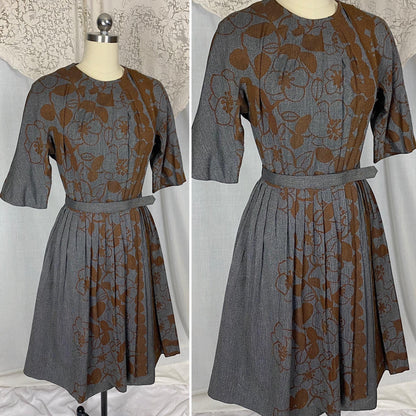 Vintage 1950's Dress | Blue Tweed with Chocolate Brown Floral Print | Size S, M | Dede Johnson California