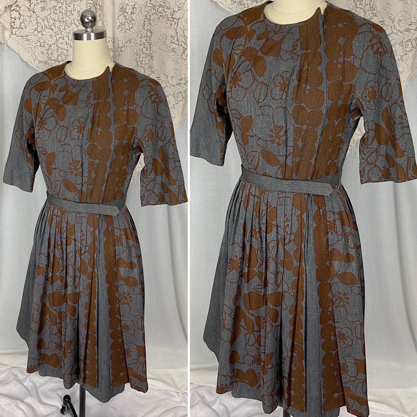 Vintage 1950's Dress | Blue Tweed with Chocolate Brown Floral Print | Size S, M | Dede Johnson California