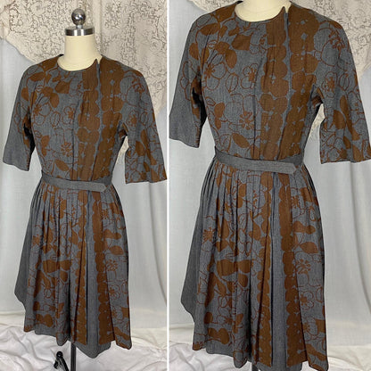 Vintage 1950's Dress | Blue Tweed with Chocolate Brown Floral Print | Size S, M | Dede Johnson California