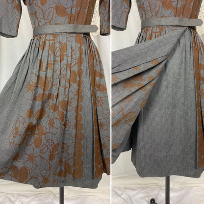 Vintage 1950's Dress | Blue Tweed with Chocolate Brown Floral Print | Size S, M | Dede Johnson California
