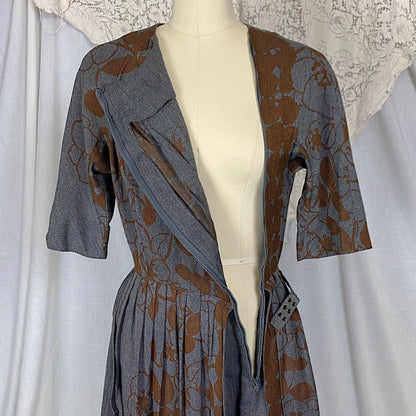 Vintage 1950's Dress | Blue Tweed with Chocolate Brown Floral Print | Size S, M | Dede Johnson California