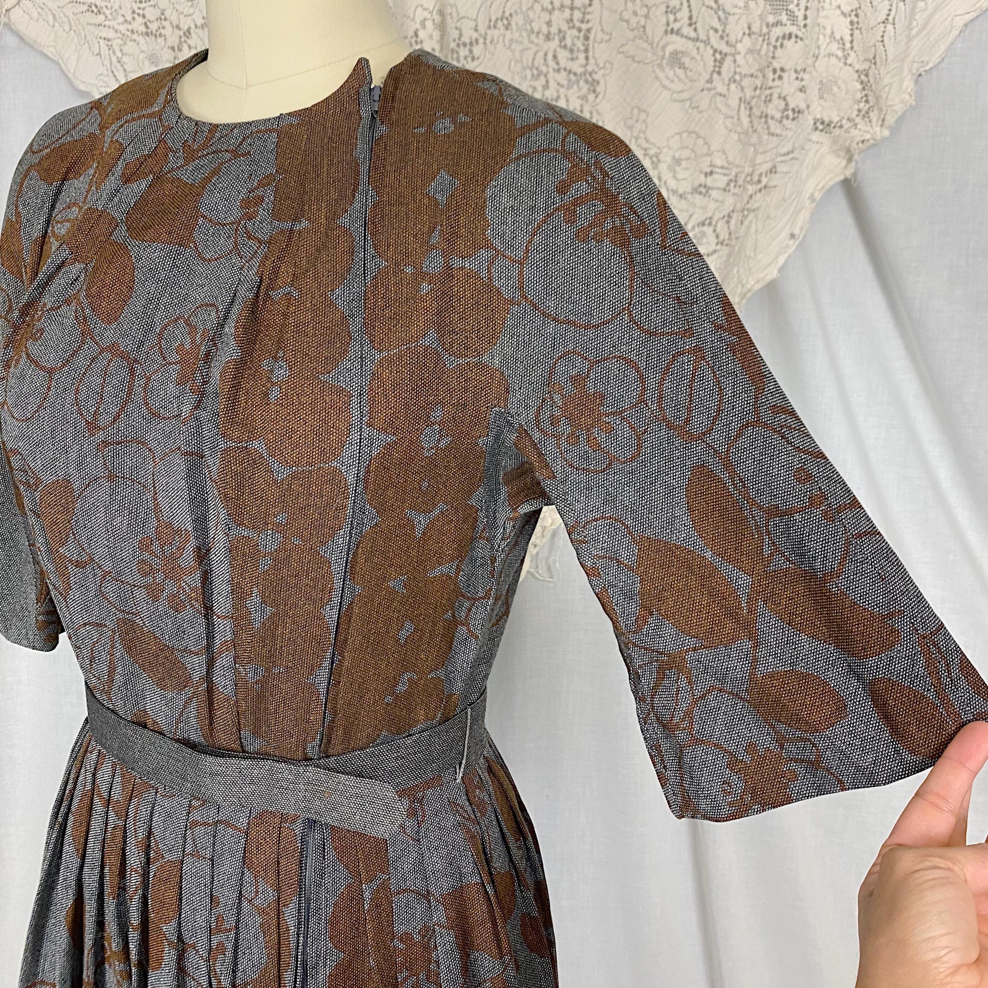 Vintage 1950's Dress | Blue Tweed with Chocolate Brown Floral Print | Size S, M | Dede Johnson California