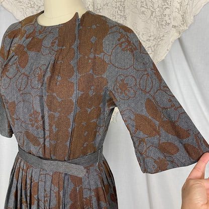 Vintage 1950's Dress | Blue Tweed with Chocolate Brown Floral Print | Size S, M | Dede Johnson California
