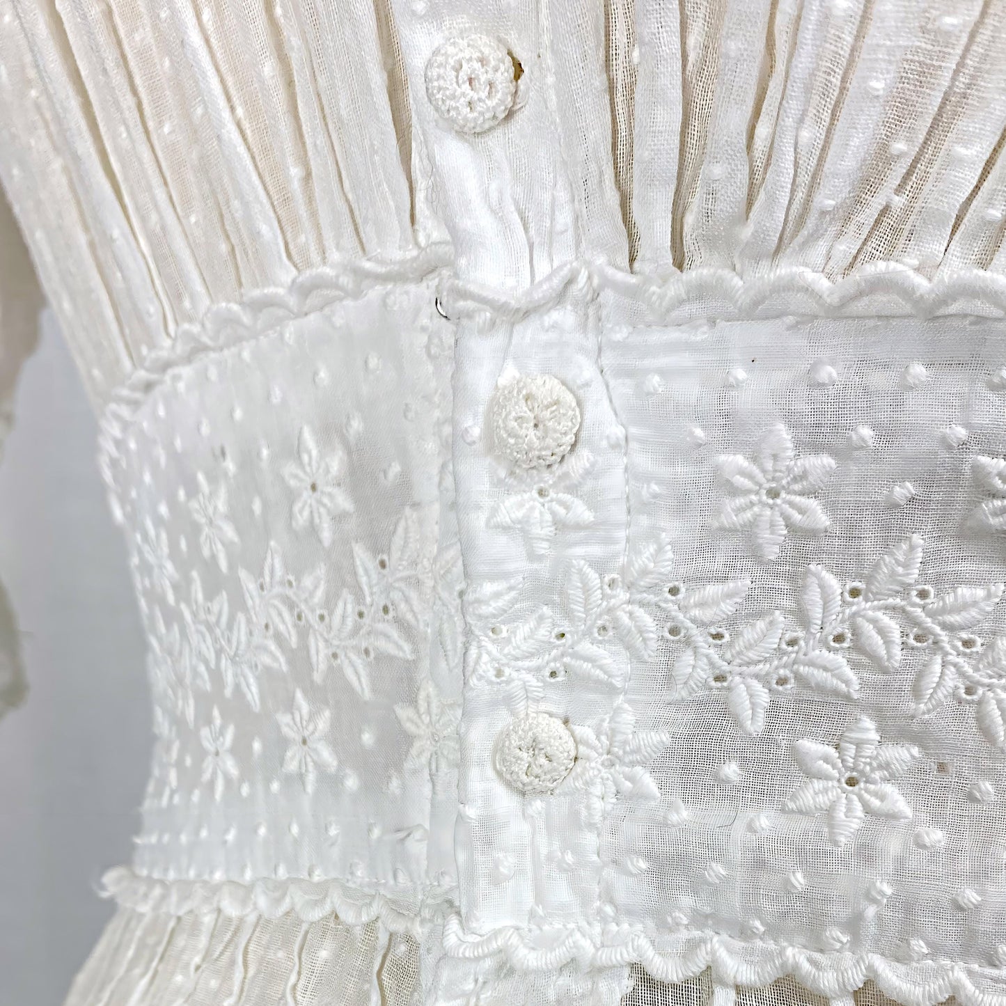 1910's Edwardian Tea Dress | Heavily Embroidered White Cotton Lawn with Crocheted Buttons & Lace Detail | Size S