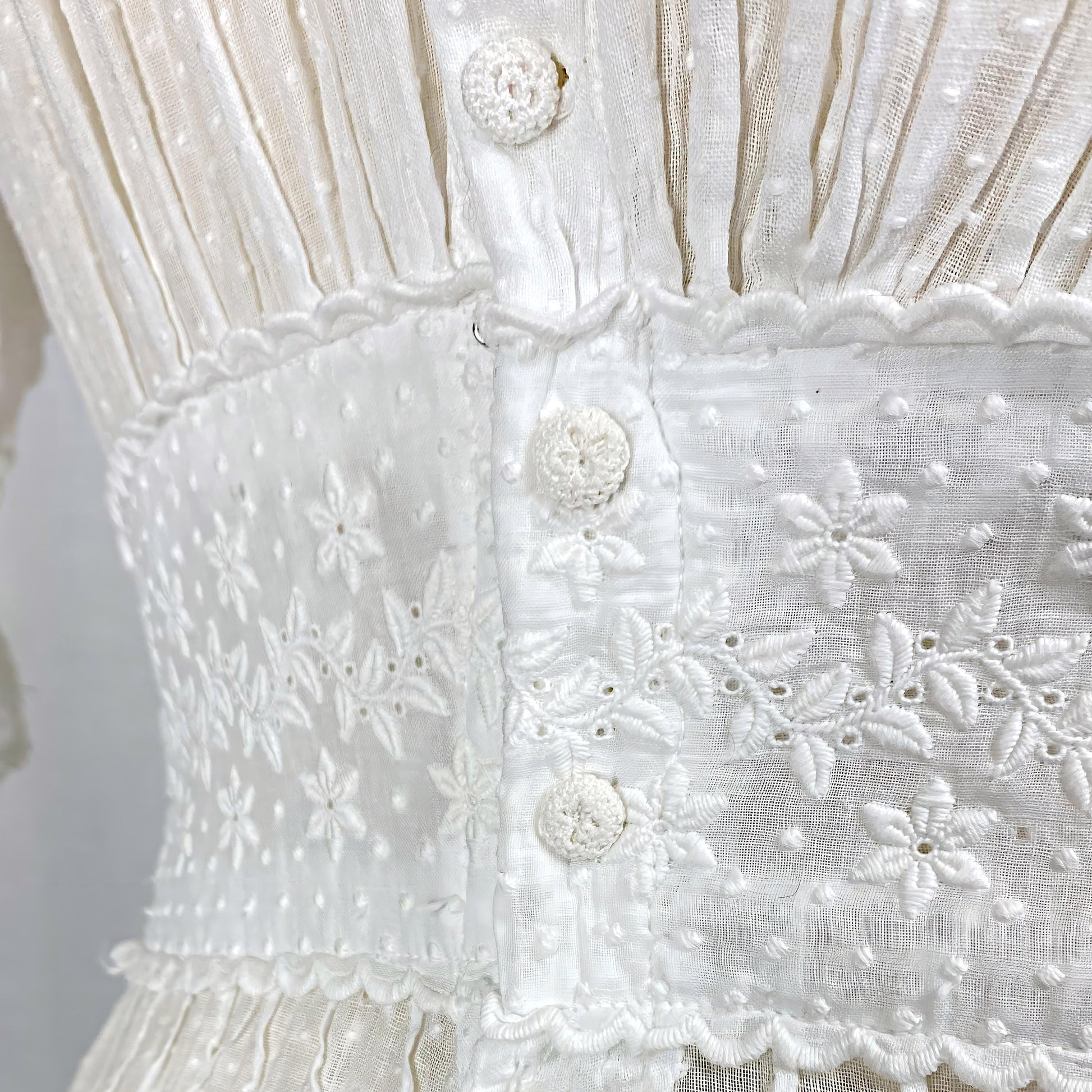 1910's Edwardian Tea Dress | Heavily Embroidered White Cotton Lawn with Crocheted Buttons & Lace Detail | Size S