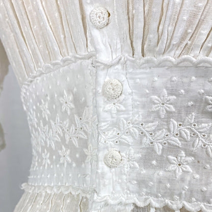 1910's Edwardian Tea Dress | Heavily Embroidered White Cotton Lawn with Crocheted Buttons & Lace Detail | Size S