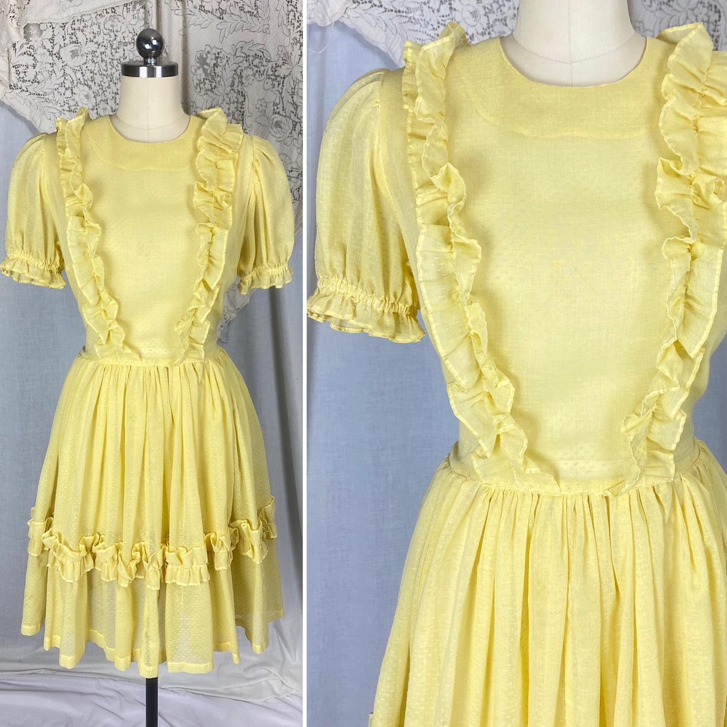 Vintage 1950's Dress | Semi-Sheer Pale Lemon Yellow with White Swiss Dots & Ruffles | Size LG