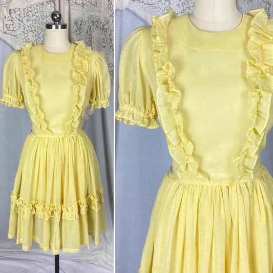 Vintage 1950's Dress | Semi-Sheer Pale Lemon Yellow with White Swiss Dots & Ruffles | Size LG