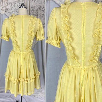 Vintage 1950's Dress | Semi-Sheer Pale Lemon Yellow with White Swiss Dots & Ruffles | Size LG