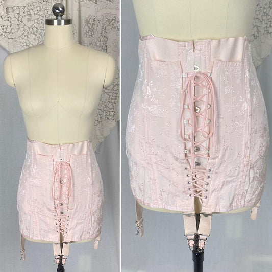 Vintage 1940's - 1950's Girdle | Bubblegum Pink Rayon Satin Damask with Corset Lacing & Garters | Size M, LG | P.N. Practical by Sarong