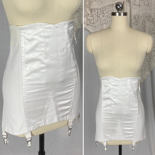 Vintage 1950's - 1960's Girdle | White Rayon Satin with Floral Embroidery & Garter Straps | Size M | Warners Le Gant