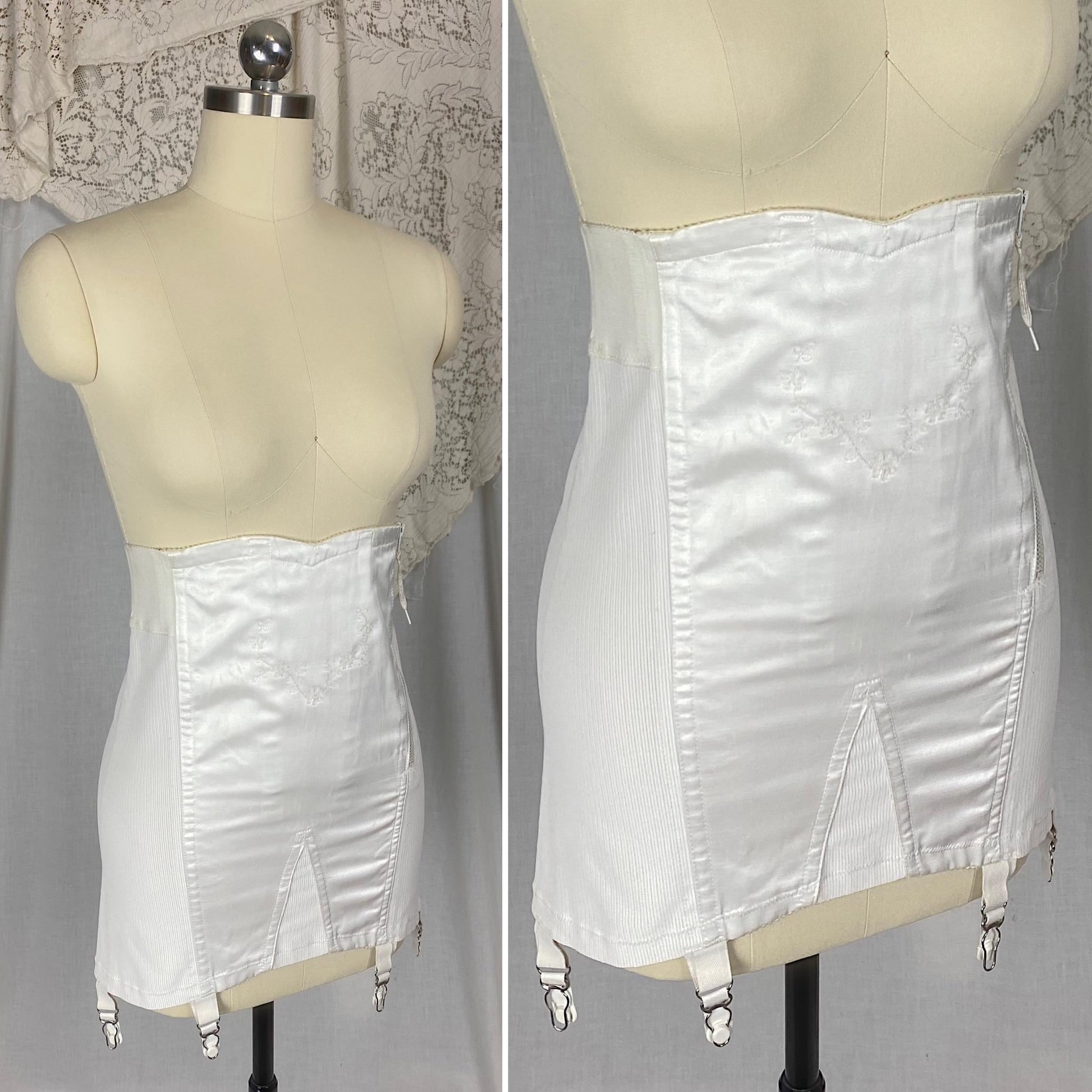 Vintage 1950's - 1960's Girdle | White Rayon Satin with Floral Embroidery & Garter Straps | Size M | Warners Le Gant
