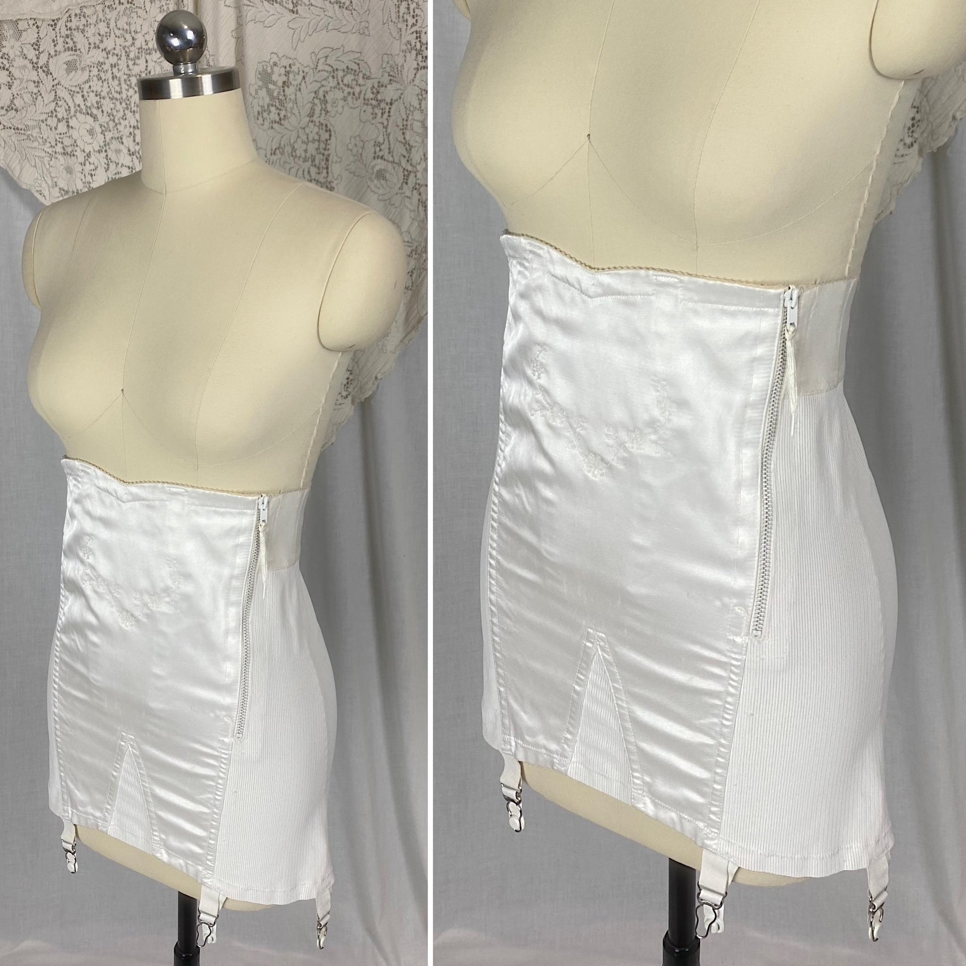 Vintage 1950's - 1960's Girdle | White Rayon Satin with Floral Embroidery & Garter Straps | Size M | Warners Le Gant