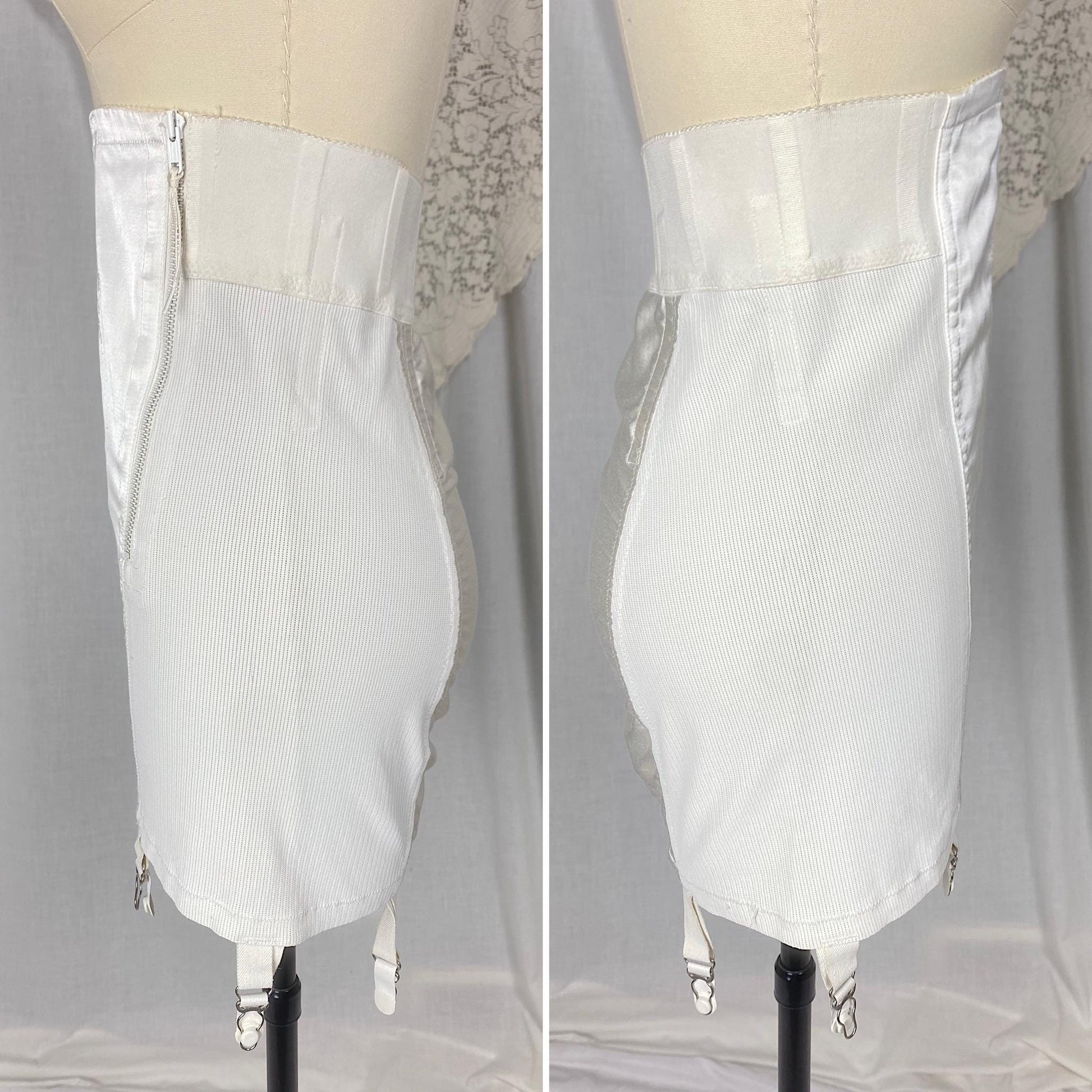 Vintage 1950's - 1960's Girdle | White Rayon Satin with Floral Embroidery & Garter Straps | Size M | Warners Le Gant