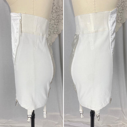 Vintage 1950's - 1960's Girdle | White Rayon Satin with Floral Embroidery & Garter Straps | Size M | Warners Le Gant